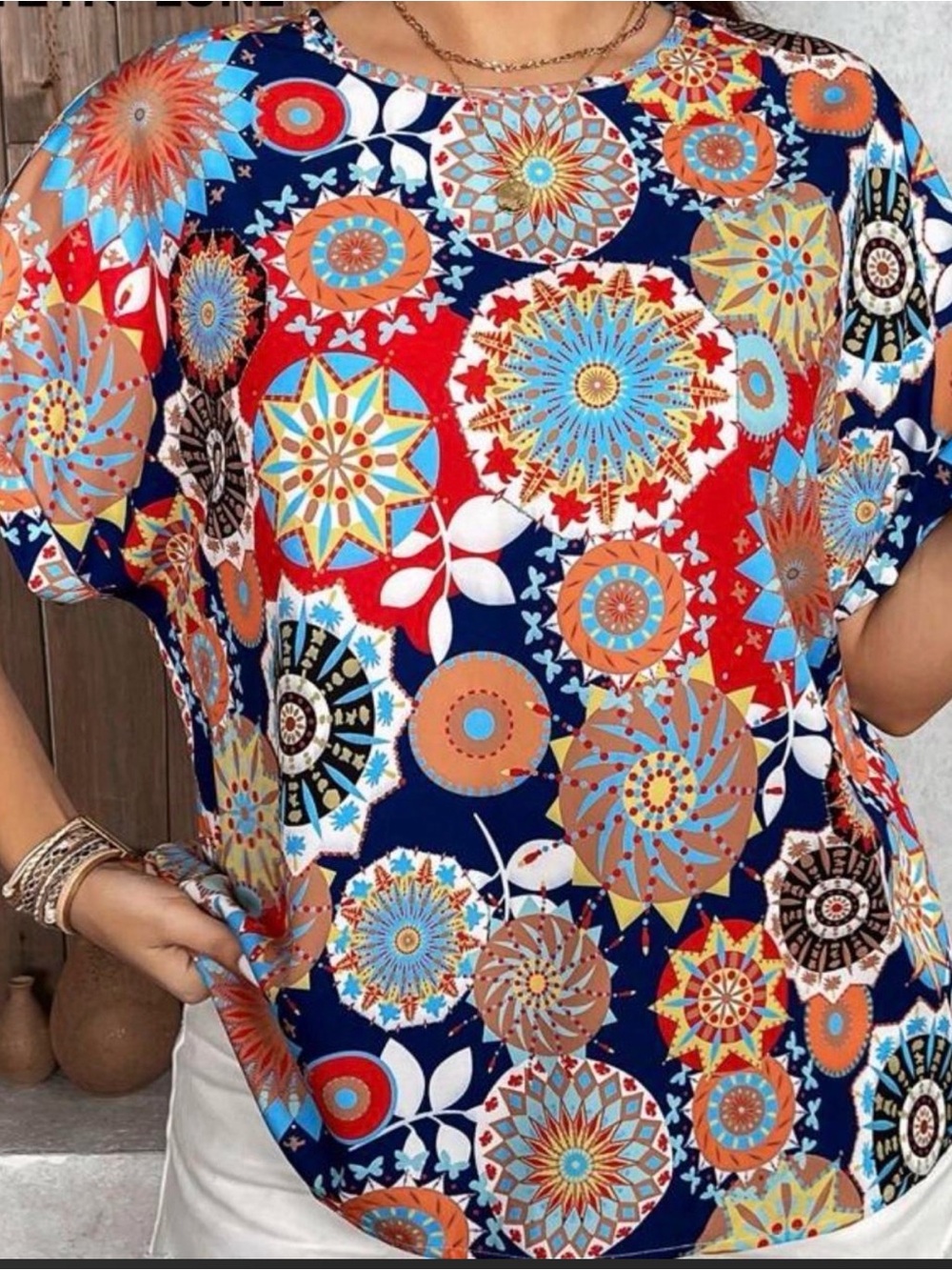 SHEIN Navy Multicolor Short Sleeve Geometric Floral Print Top